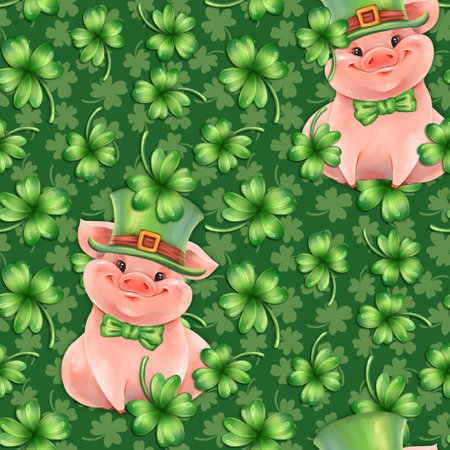 Seamless pattern with four leaf clover. Green cute background for Saint Patricks Dayの写真素材