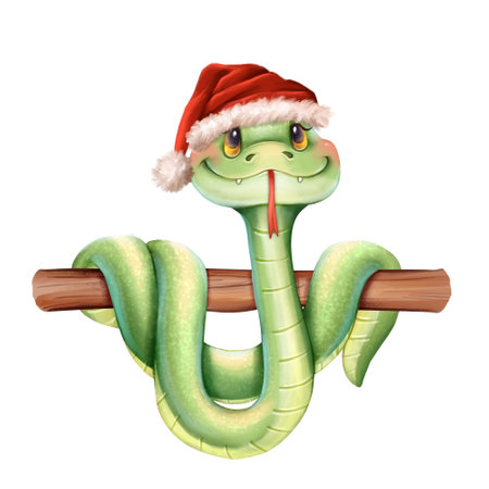 Snake. Cute illustration of green snake in Santa hat, isolated on white backgroundの写真素材
