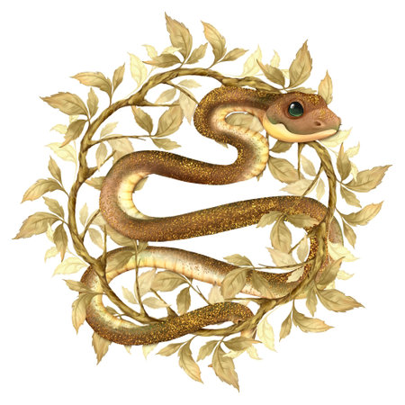 Twisted Snake and leaves. Serpent floral illustration on white background