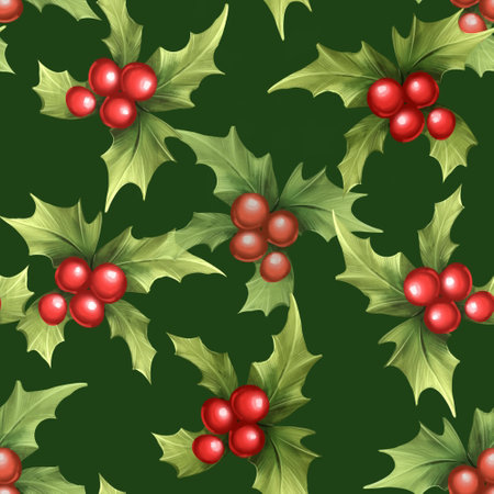 Christmas Holly seamless pattern on green backgroundの写真素材