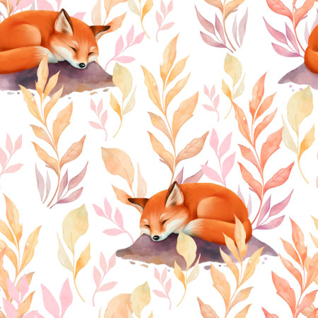 Seamless pattern with cute sleepy fox. Floral backgroundの写真素材