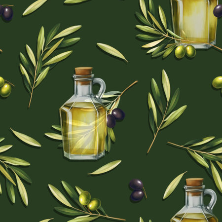 Seamless pattern with olives, oil bottle and leaves. For print, design, textile and background.の写真素材