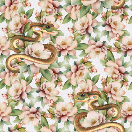 Floral seamless pattern with snakes. Serpent with flowers and leaves. Floral backgroundの写真素材