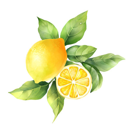 Lemons with leaves, isolated on white background. Hand drawn illustration in watercolor styleの写真素材