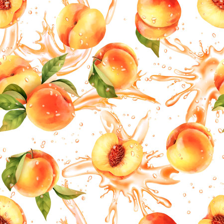 Seamless peach pattern with juice splashes. Hand-drawn illustration in watercolor style for summer...