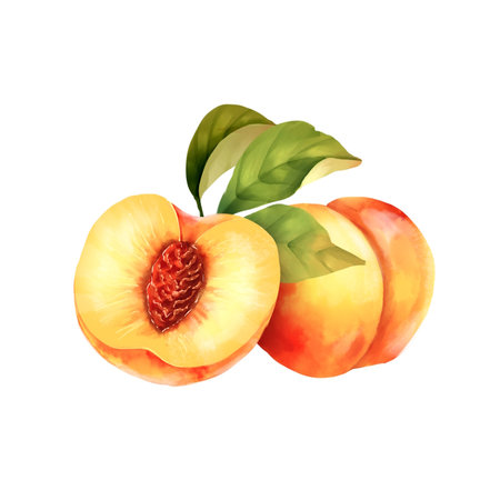 Hand drawn illustration of peaches and green leaves. Isolated on whiteの写真素材