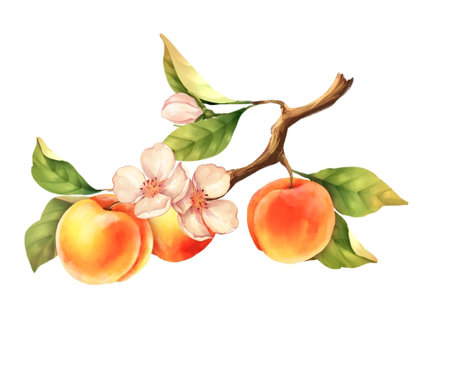 Peach branch. Hand drawn fruit illustration with flowers. Isolated on whiteの写真素材
