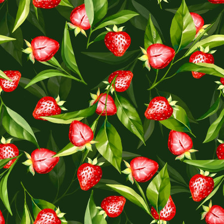 Seamless pattern with tea leaves and strawberry. Floral background for food packaging, vegan menu or herbal tea.の写真素材