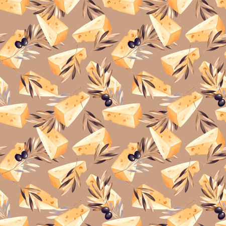 Seamless pattern with brunch of olives and cheese. Food backgroundの写真素材
