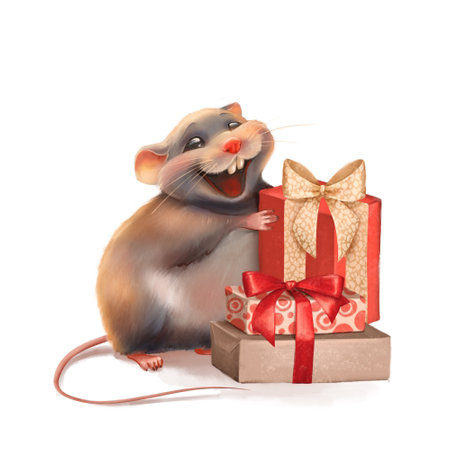 Mouse with present. Cute hand drawn animal illustrationの写真素材