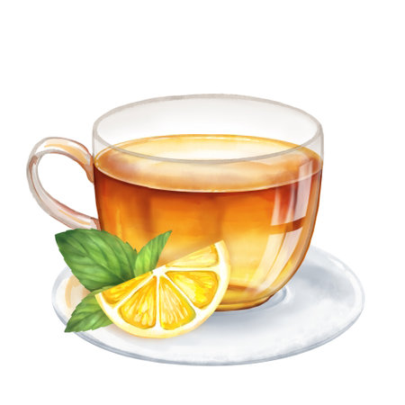 Cup of herbal tea with lemon. Hand drawn illustrationの写真素材