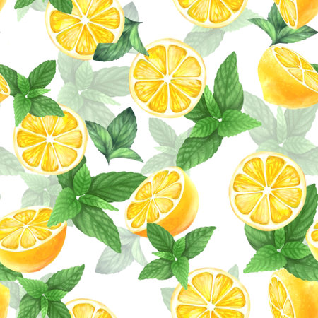Lemon mint watercolor seamless pattern. Hand drawn fruit backgroundの写真素材