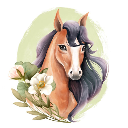 Watercolor horse head with flowers. Spring animal illustration.の写真素材