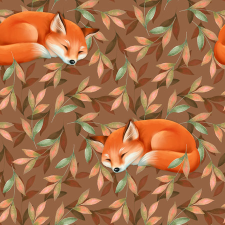 Seamless pattern with cute sleepy fox. Floral background.の写真素材