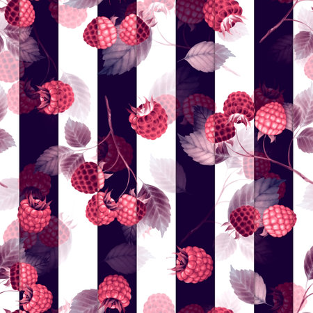 Decorative seamless pattern of raspberries with leaves.の写真素材