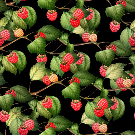 Raspberry seamless pattern with berries and leaves, hand-drawn botanical illustration.の写真素材