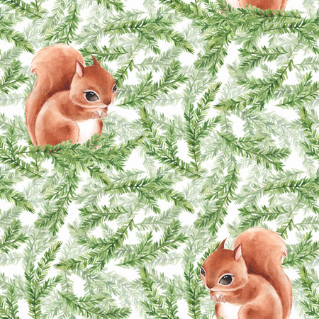 Squirrel on the fir branch seamless pattern. Watercolor forest wallpaper.の写真素材