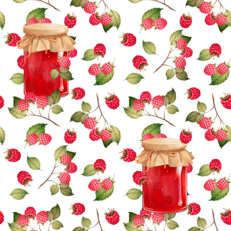 Red raspberry branches and jar with jam. Seamless pattern on white background.の写真素材