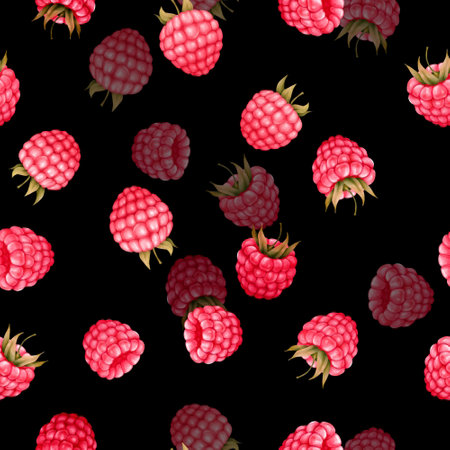 Raspberry seamless pattern with berries on black background.