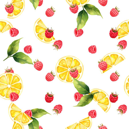 Seamless pattern with hand-drawn lemons and raspberry. Fruit background. Repeat ornament.