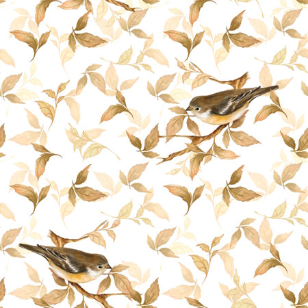 Seamless pattern with birds and leaves. Hand-drawn illustration in autumn colors.の写真素材