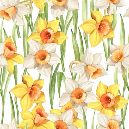 Seamless pattern of yellow and white daffodils with green leaves.の写真素材