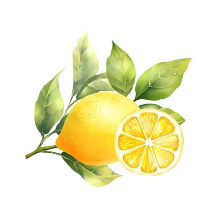 Hand-drawn illustration of a fresh lemon with green leaves and a juicy slice, perfect for summer themes and healthy food concepts.の写真素材
