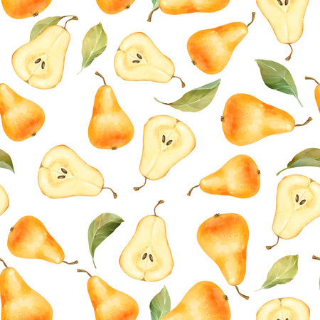 Hand-drawn illustration of a seamless pattern with whole and sliced pears on a white background....