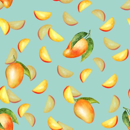 Hand-drawn seamless pattern with ripe mango fruits, juicy slices, and green leaves on a vibrant blue...