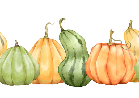 Vibrant illustration, hand-painted seamless pumpkin border in orange, yellow, and green, perfect for...