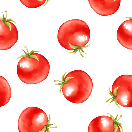 Seamless pattern featuring whole ripe red tomatoes scattered on white background. Design for food packaging, kitchen textile, digital paper, or summer decor.の写真素材
