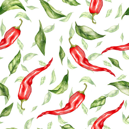 Hand-drawn illustration of a seamless pattern with red chili peppers and green leaves scattered on a white background. Perfect for spicy food packaging, kitchen textiles, and digital design projects.の写真素材