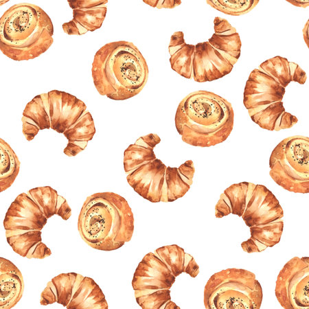 Seamless pattern featuring watercolor croissants and sweet swirl buns scattered on white background. Design for French bakery branding, cafe textile, digital paper, or pastry packaging.の写真素材