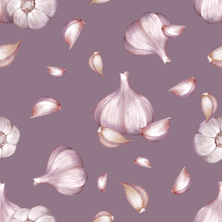 Seamless pattern featuring watercolor garlic bulbs and cloves scattered on solid purple or lilac background. Design for kitchen textile, restaurant decor, recipe book cover, or digital paper.の写真素材
