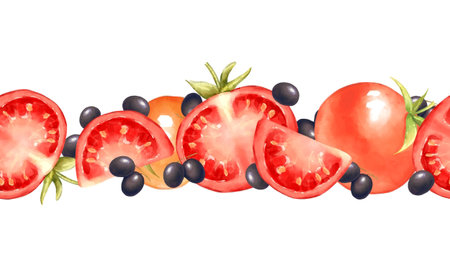 Seamless horizontal border featuring whole and sliced tomatoes with black olives. Design for Italian restaurant menu decor, recipe card trim, or cooking blog designの写真素材