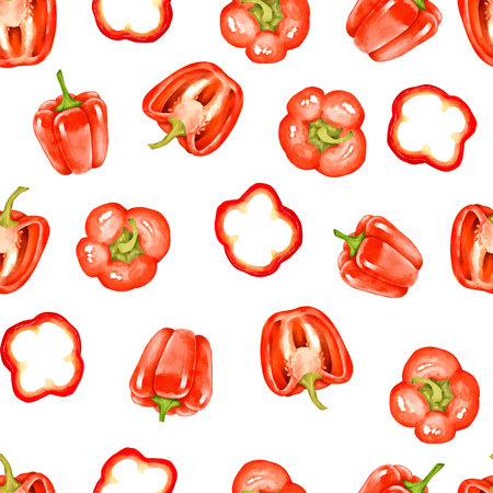 Hand-drawn illustration of a seamless pattern with red bell peppers and slices. Perfect for food packaging, kitchen decor, and textile design.の写真素材