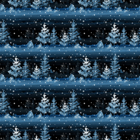 Seamless pattern Illustration with hand-drawn watercolor fir trees and falling snow on a dark blue background. Design for Christmas wrapping paper, winter holiday decor, seasonal fabric, or cozy stationery.の写真素材