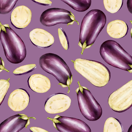 Seamless design with whole purple eggplants and pale inner slices scattered on solid lilac background. Ideal for kitchen goods, food packaging, home decor, or vibrant textile print.の写真素材