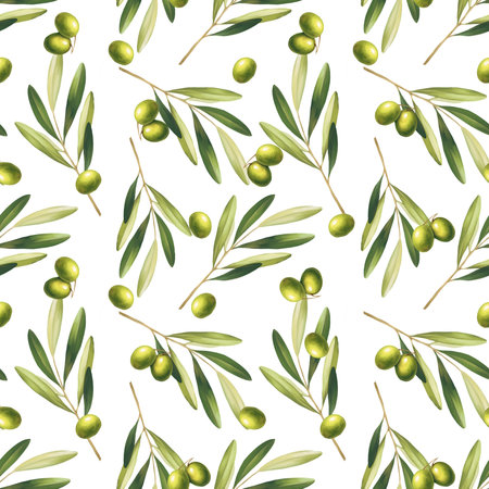 Seamless pattern Illustration with hand-drawn green olives and branches scattered on a white background. Perfect for Italian restaurant branding, rustic food packaging, or kitchen textile.の写真素材