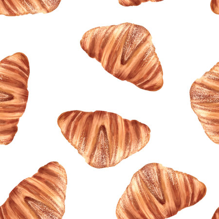 Seamless pattern Illustration with hand-drawn croissant on white background. Design for bakery menu, cafe packaging, kitchen textile, or breakfast decor.の写真素材