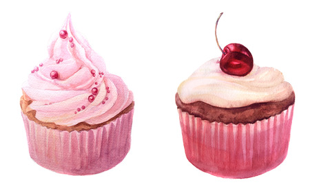 sweet pink watercolor cupcakes with cherryの写真素材