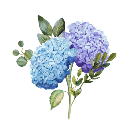 Watercolor blue hydrangea flower bouquet with leaves weddingの写真素材