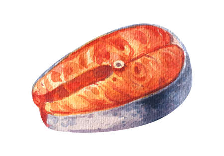 Watercolor salmon steak. Cutting the fish. Sea food fresh. Handmade painting.の写真素材