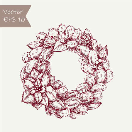 Christmas wreath. Christmas illustration. Vector greeting card, poster, banner.Christmas tree. Botanical hand drawn cones and poinsetiyaのイラスト素材