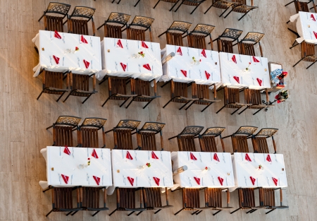Top view of ready to eat dinner tables in a restaurantの写真素材