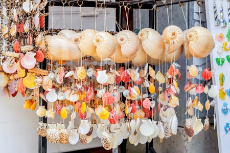seashells and starfish tied each other by string collection of various colorful ornament.の写真素材