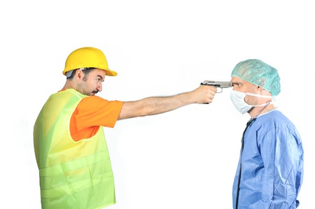 Surgeon under threat of death asking to be recover isolated on white backgroundの写真素材