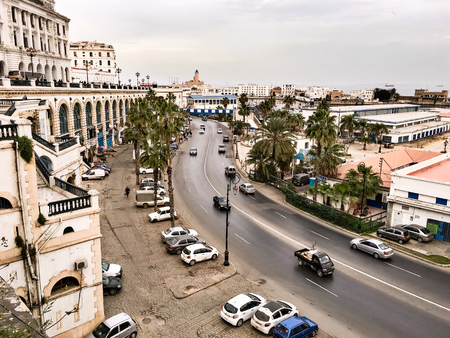 ALGIERS, ALGERIA - FEB 6, 2016: French colonial buildings at Algeria, Alger.Buildings are being renowated by Algerian government.The street is connect to Abdelkader El Djezairi monument to post officeのeditorial素材