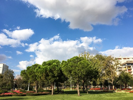 ISTANBUL, TURKEY - SEP 2, 2016: Goztepe 60th Year Park in Kadikoy, Istanbul. The park is the largest park around Bagdat Avenue and consist of many pools and child parks, many types of trees.のeditorial素材