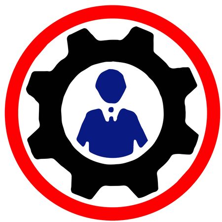 blue collar labor silhouette in machine gear warning sign isolated on white background.の写真素材